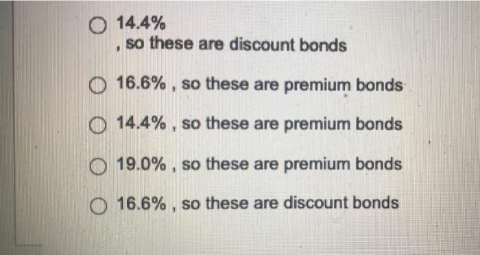 O 14 4 So These Are Discount Bonds O 16 6 So These Are Premium Bonds O 14 4 So These Are Premium Bonds 19 0 So 1