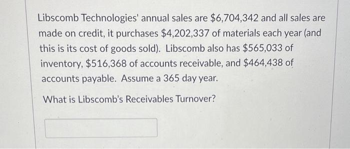 Libscomb Technologies Annual Sales Are 6 704 342 And All Sales Are Made On Credit It Purchases 4 202 337 Of Material 1