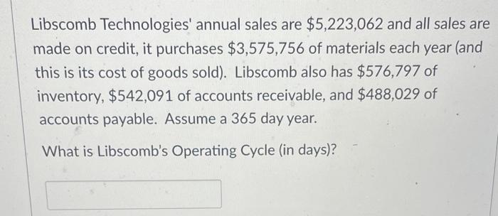 Libscomb Technologies Annual Sales Are 5 223 062 And All Sales Are Made On Credit It Purchases 3 575 756 Of Material 1