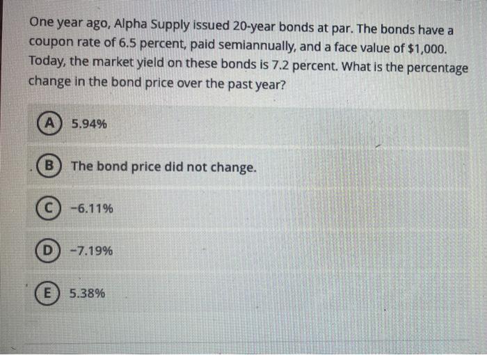 One Year Ago Alpha Supply Issued 20 Year Bonds At Par The Bonds Have A Coupon Rate Of 6 5 Percent Paid Semiannually 1