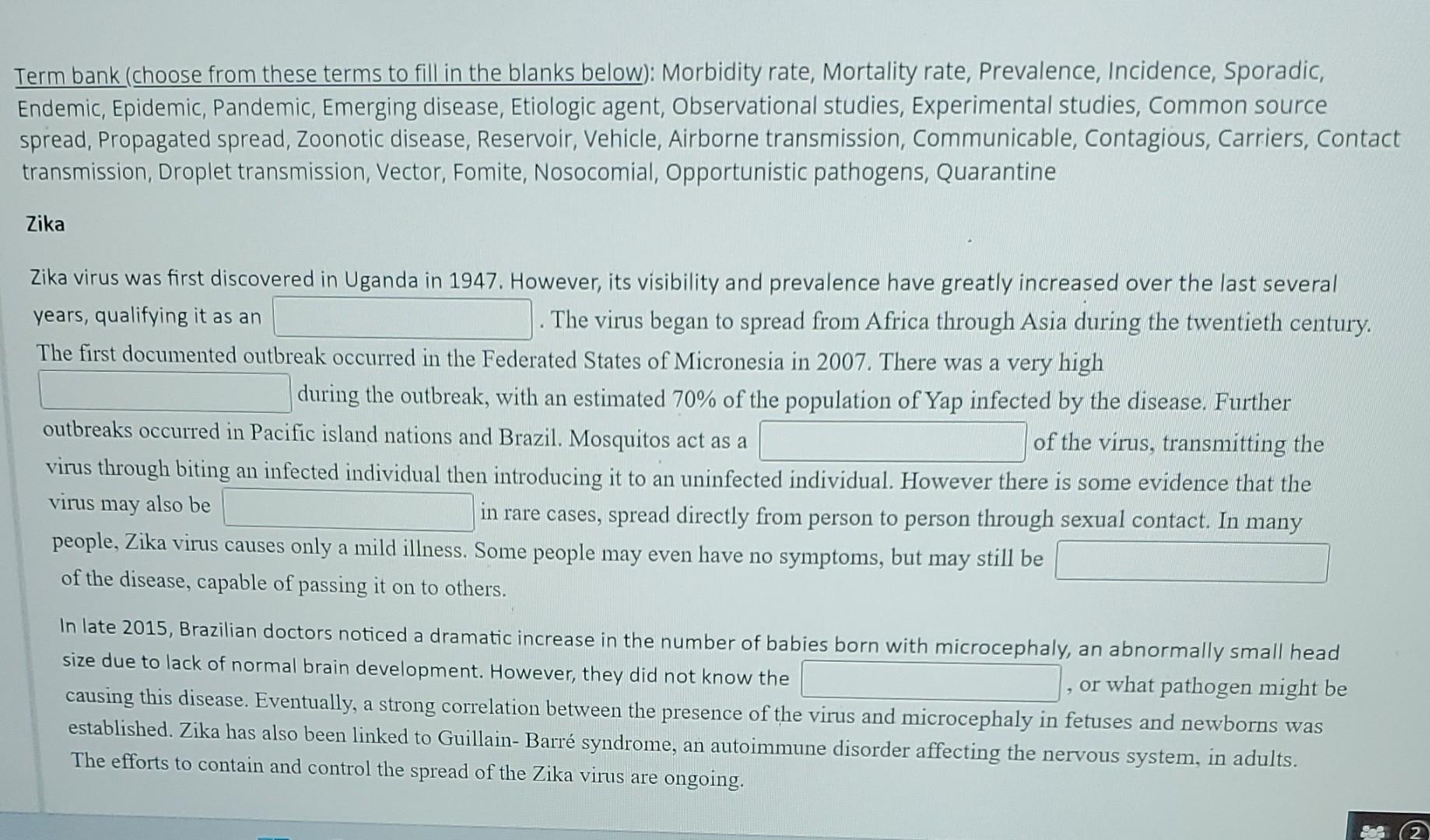 Term Bank Choose From These Terms To Fill In The Blanks Below Morbidity Rate Mortality Rate Prevalence Incidence 2
