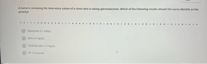 A Nurse Is Reviewing The Laboratory Values Of A Client Who Is Taking Spironolactone Which Of The Following Results Shoul 1