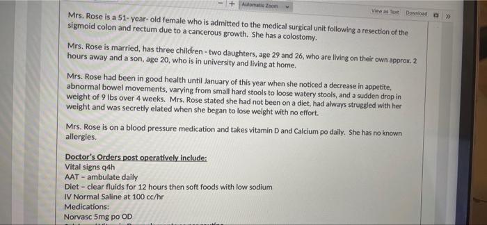 Automate Zoom Test Download Mrs Rose Is A 51 Year Old Female Who Is Admitted To The Medical Surgical Unit Following 1