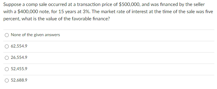 Suppose A Comp Sale Occurred At A Transaction Price Of 500 000 And Was Financed By The Seller With A 400 000 Note Fo 1