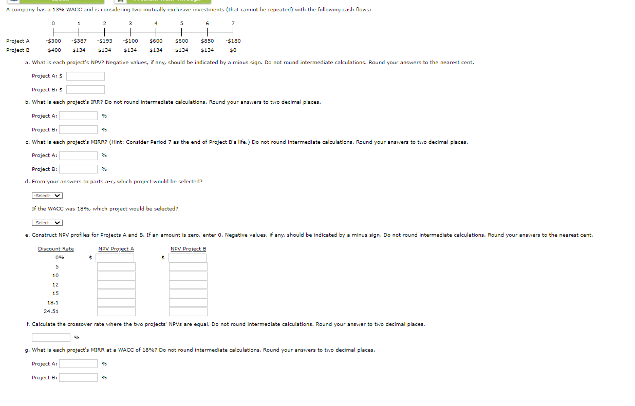 A Company Has A 13 Wacc And Is Considering Two Mutually Exclusive Investments That Cannot Be Repeated With The Follow 1