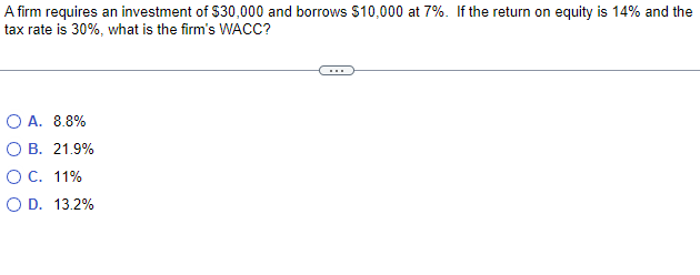 A Firm Requires An Investment Of 30 000 And Borrows 10 000 At 7 If The Return On Equity Is 14 And The Tax Rate Is 3 1