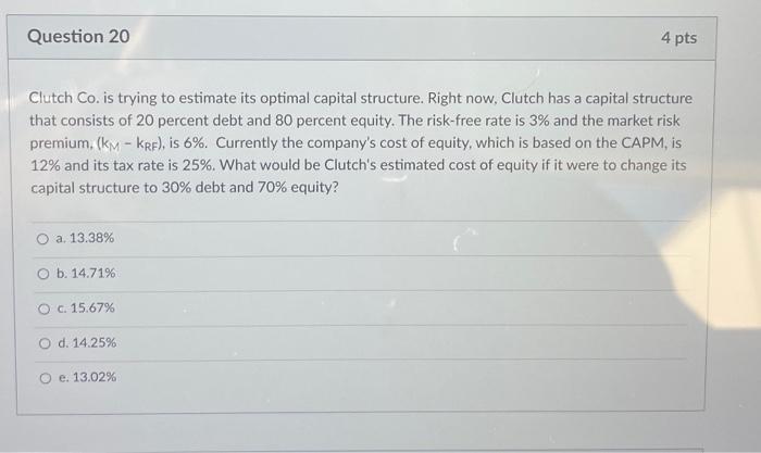 Question 20 Clutch Co Is Trying To Estimate Its Optimal Capital Structure Right Now Clutch Has A Capital Structure Th 1