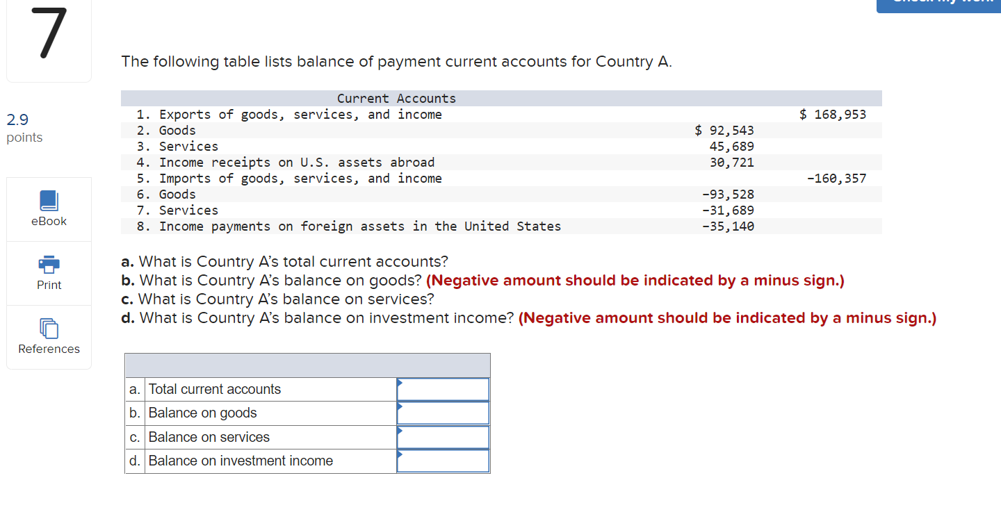 7 2 9 Points Ebook Print References The Following Table Lists Balance Of Payment Current Accounts For Country A Current 1