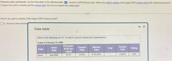Treasury Notes And Bonds Use The Information In The Following Table Assume A 100 000 Par Value What Is The Yield To M 1