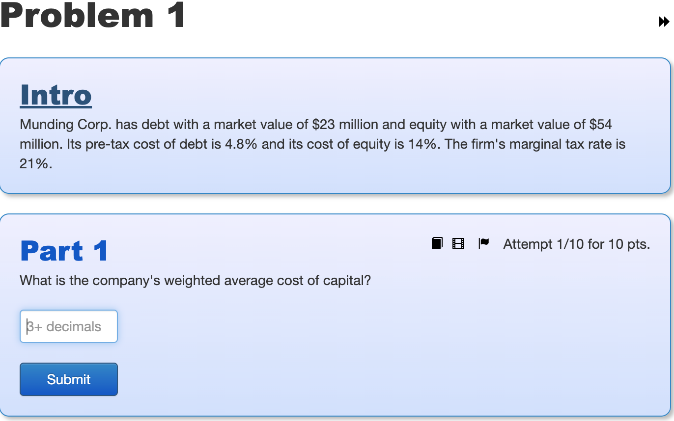 Problem 1 Intro Munding Corp Has Debt With A Market Value Of 23 Million And Equity With A Market Value Of 54 Million 1