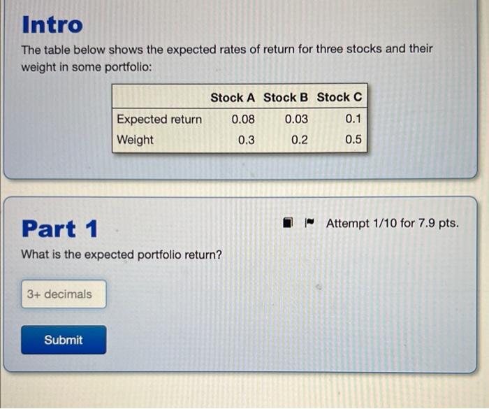 Intro The Table Below Shows The Expected Rates Of Return For Three Stocks And Their Weight In Some Portfolio 3 Decimal 1