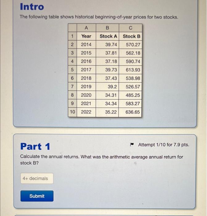 Intro The Following Table Shows Historical Beginning Of Year Prices For Two Stocks 4 Decimals A 1 Year 2 2014 3 2015 4 1