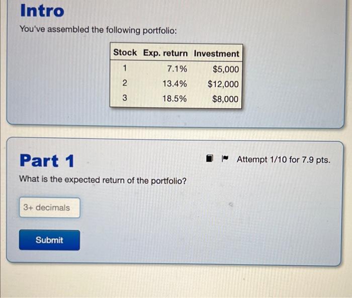 Intro You Ve Assembled The Following Portfolio Part 1 What Is The Expected Return Of The Portfolio 3 Decimals Stock E 1