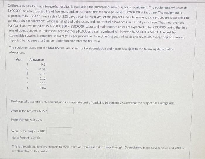 California Health Center A For Profit Hospital Is Evaluating The Purchase Of New Diagnostic Equipment The Equipment 1
