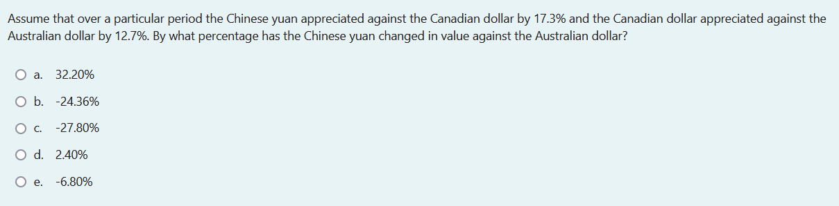 Assume That Over A Particular Period The Chinese Yuan Appreciated Against The Canadian Dollar By 17 3 And The Canadian 1