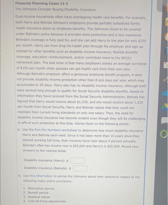 Financial Planning Cases 11 1 The Johnsons Consider Buying Disability Insurance Dual Income Households Often Have Overla 1