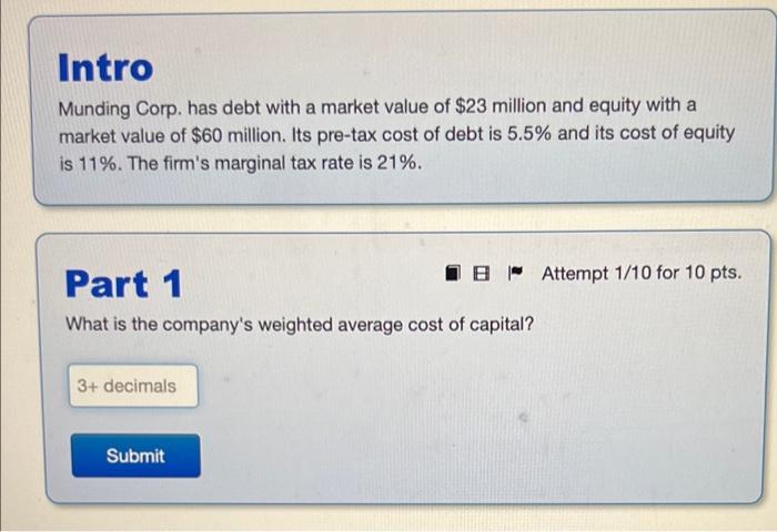 Intro Munding Corp Has Debt With A Market Value Of 23 Million And Equity With A Market Value Of 60 Million Its Pre T 1