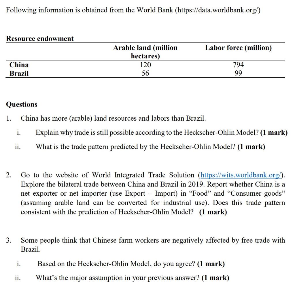 Following Information Is Obtained From The World Bank Https Data Worldbank Org Resource Endowment China Brazil 1 2 1