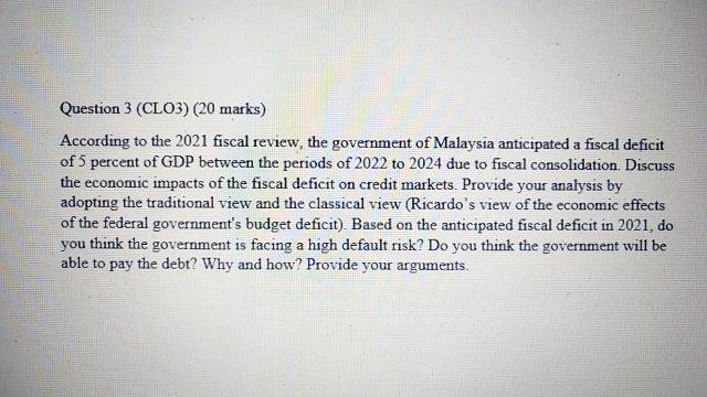 Question 3 Clo3 20 Marks According To The 2021 Fiscal Review The Government Of Malaysia Anticipated A Fiscal Defici 1