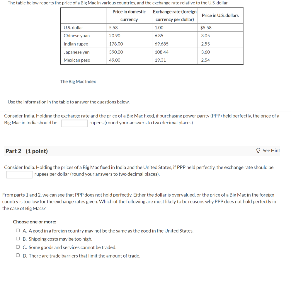 The Table Below Reports The Price Of A Big Mac In Various Countries And The Exchange Rate Relative To The U S Dollar 1