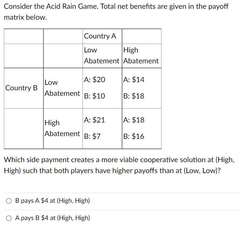 Consider The Acid Rain Game Total Net Benefits Are Given In The Payoff Matrix Below Country B Low Abatement High Abate 1