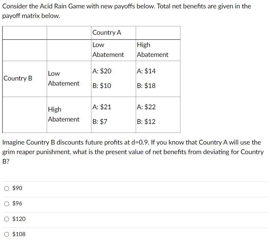 Consider The Acid Rain Game With New Payoffs Below Total Net Benefits Are Given In The Payoff Matrix Below Country B O 1