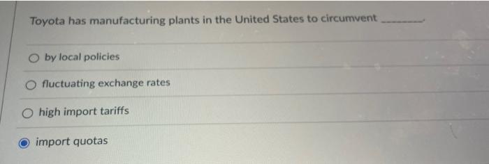 Toyota Has Manufacturing Plants In The United States To Circumvent By Local Policies Fluctuating Exchange Rates O High I 1