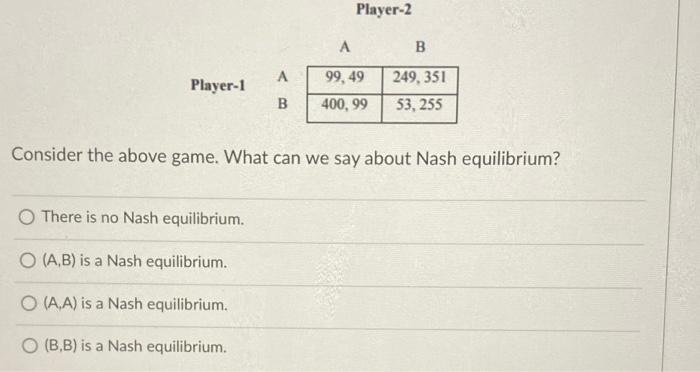 Player 1 B O There Is No Nash Equilibrium O A B Is A Nash Equilibrium O A A Is A Nash Equilibrium O B B Is A Na 1
