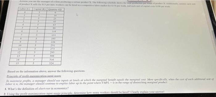 Assume You The Manager Of A Fi Pecing A Certain Product X The Following Schedule Shows The Stal Peduction Per Work Of Pr 1