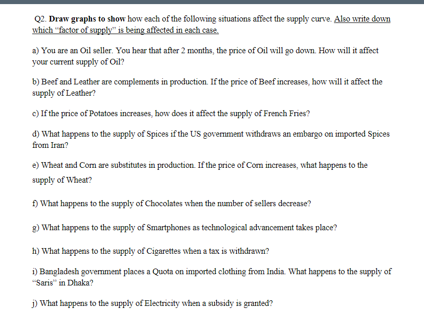 Q2 Draw Graphs To Show How Each Of The Following Situations Affect The Supply Curve Also Write Down Which Factor Of S 1