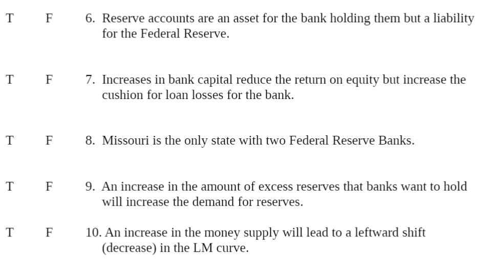 T F T T T T F F F F 6 Reserve Accounts Are An Asset For The Bank Holding Them But A Liability For The Federal Reserve 1