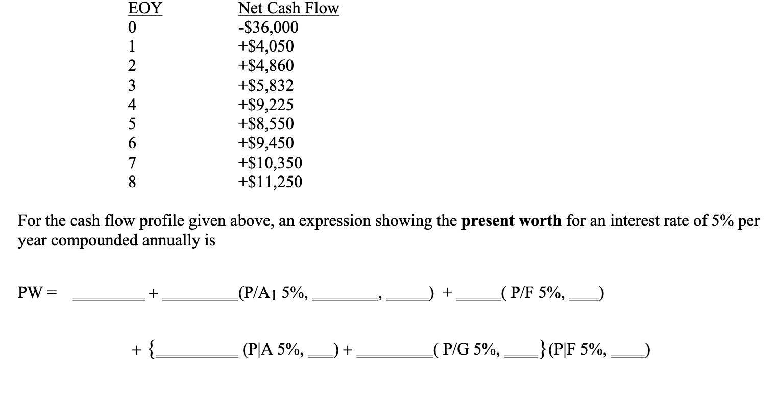 Eo1235678 Pw Eoy 0 4 Net Cash Flow 36 000 4 050 4 860 For The Cash Flow Profile Given Above An Expression Sho 1