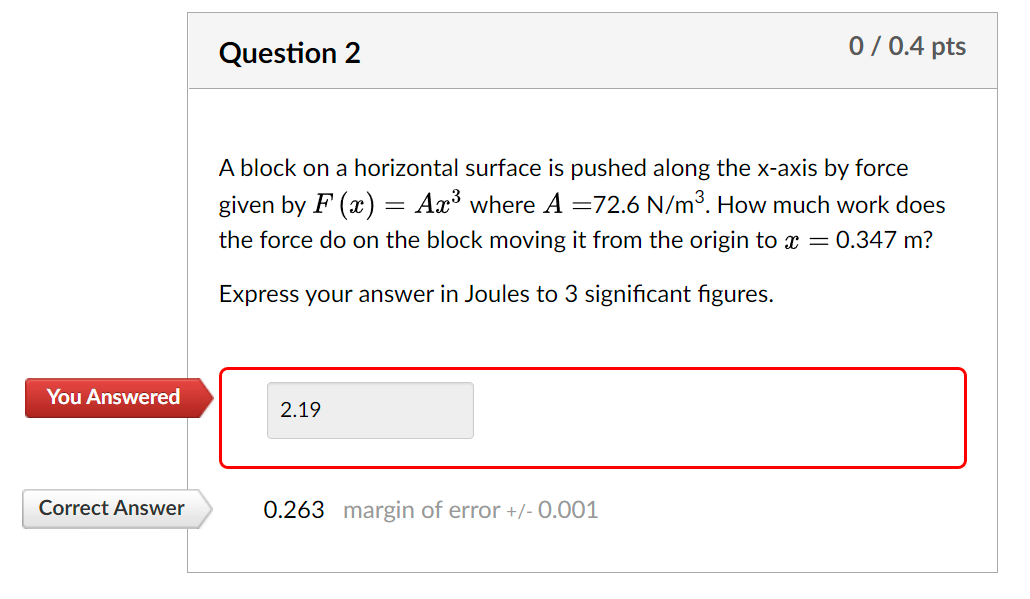 Question 2 0 0 4 Pts A Block On A Horizontal Surface Is Pushed Along The X Axis By Force Given By F 2 Ax Where A 7 1