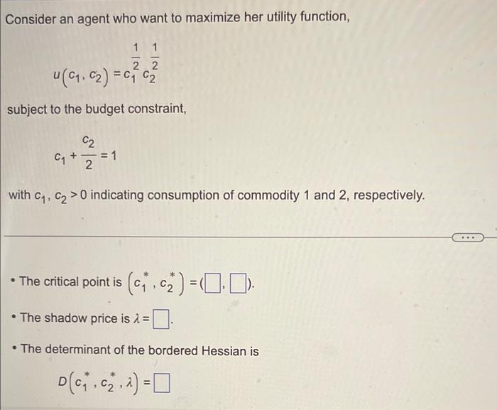 Consider An Agent Who Want To Maximize Her Utility Function 11 2 2 U C C C C Subject To The Budget Constraint 1