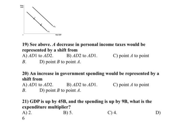 19 See Above A Decrease In Personal Income Taxes Would Be Represented By A Shift From A Ad1 To Ad2 B Ad2 To Ad1 C 1