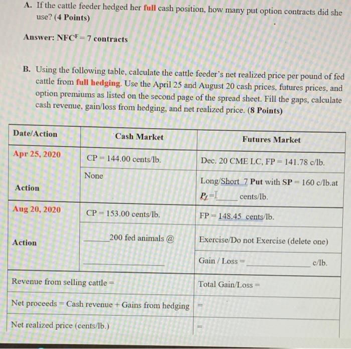 A If The Cattle Feeder Hedged Her Full Cash Position How Many Put Option Contracts Did She Use 4 Points Answer Nfc 1