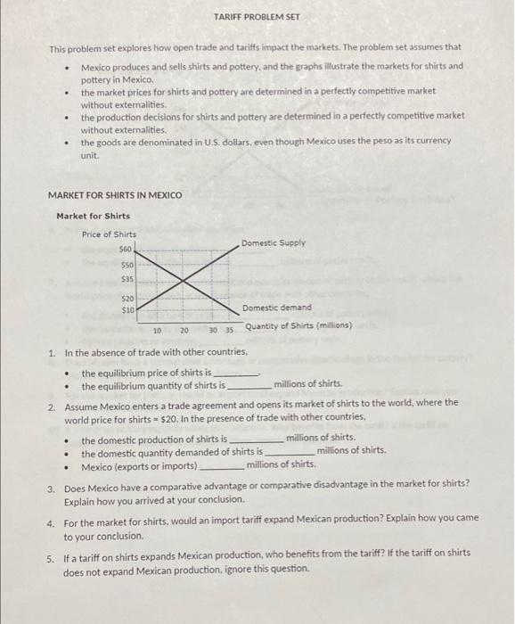 This Problem Set Explores How Open Trade And Tariffs Impact The Markets The Problem Set Assumes That Mexico Produces An 1