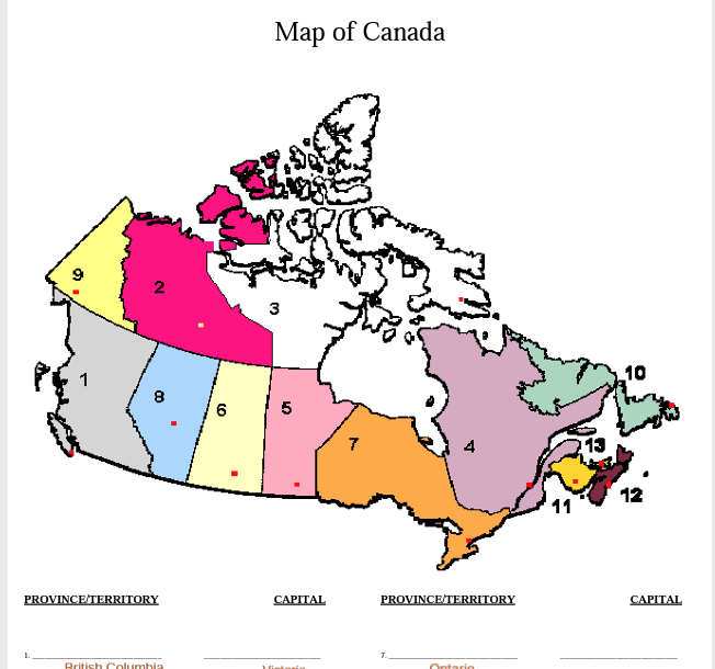 2 8 Province Territory British Columbia 6 Map Of Canada 3 5 Capital 7 Province Territory Ontario 11 10 12 Capital 1