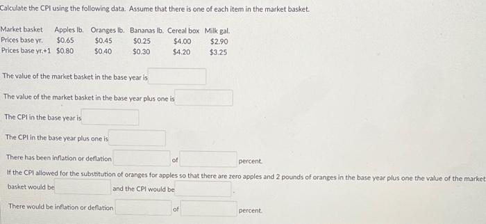 Calculate The Cpi Using The Following Data Assume That There Is One Of Each Item In The Market Basket Market Basket Ap 1