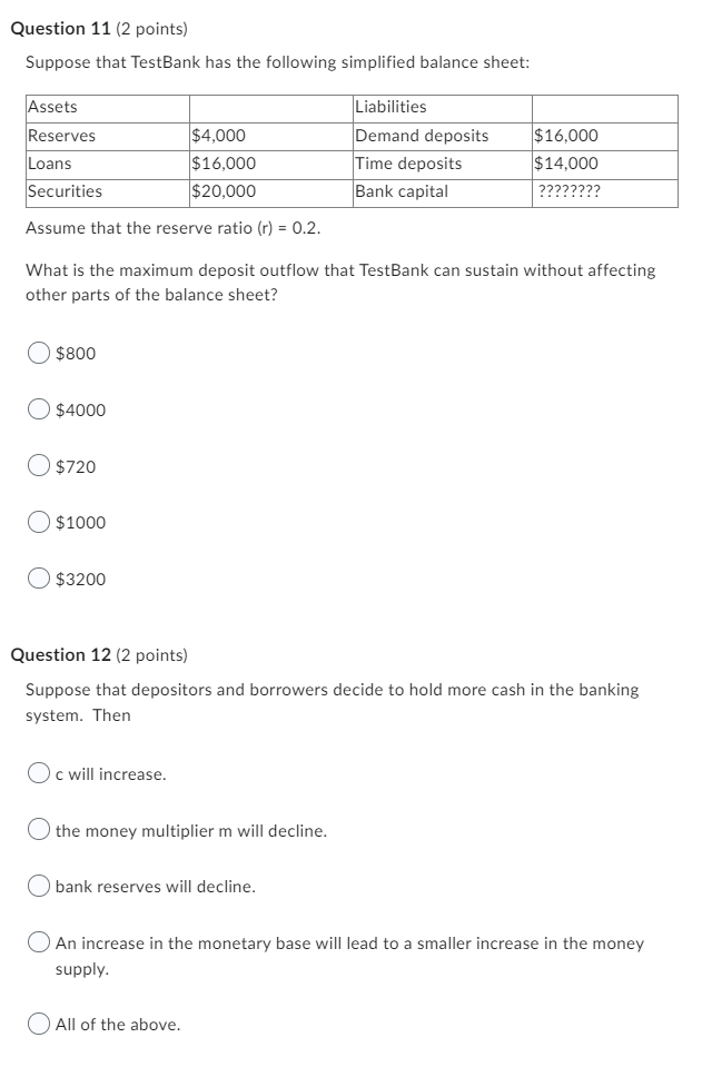 Question 11 2 Points Suppose That Testbank Has The Following Simplified Balance Sheet Assets Reserves 4 000 Loans 1 1