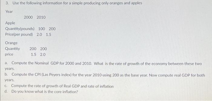 3 Use The Following Information For A Simple Producing Only Oranges And Apples Year Apple 2000 2010 Quantity Pounds 10 1