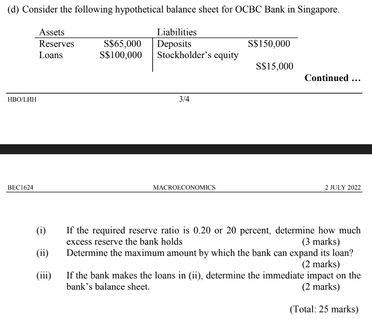 D Consider The Following Hypothetical Balance Sheet For Ocbc Bank In Singapore Liabilities Deposits Stockholder S Equ 1