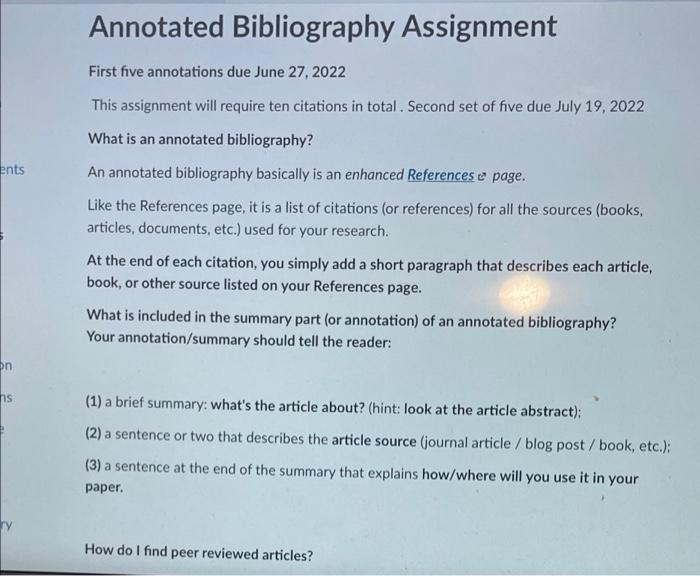 Ents On Ns Annotated Bibliography Assignment First Five Annotations Due June 27 2022 This Assignment Will Require Ten C 1