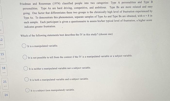 12 15 Ww 18 1 21 24 Friedman And Rosenman 1974 Classified People Into Two Categories Type A Personalities And Type B 1