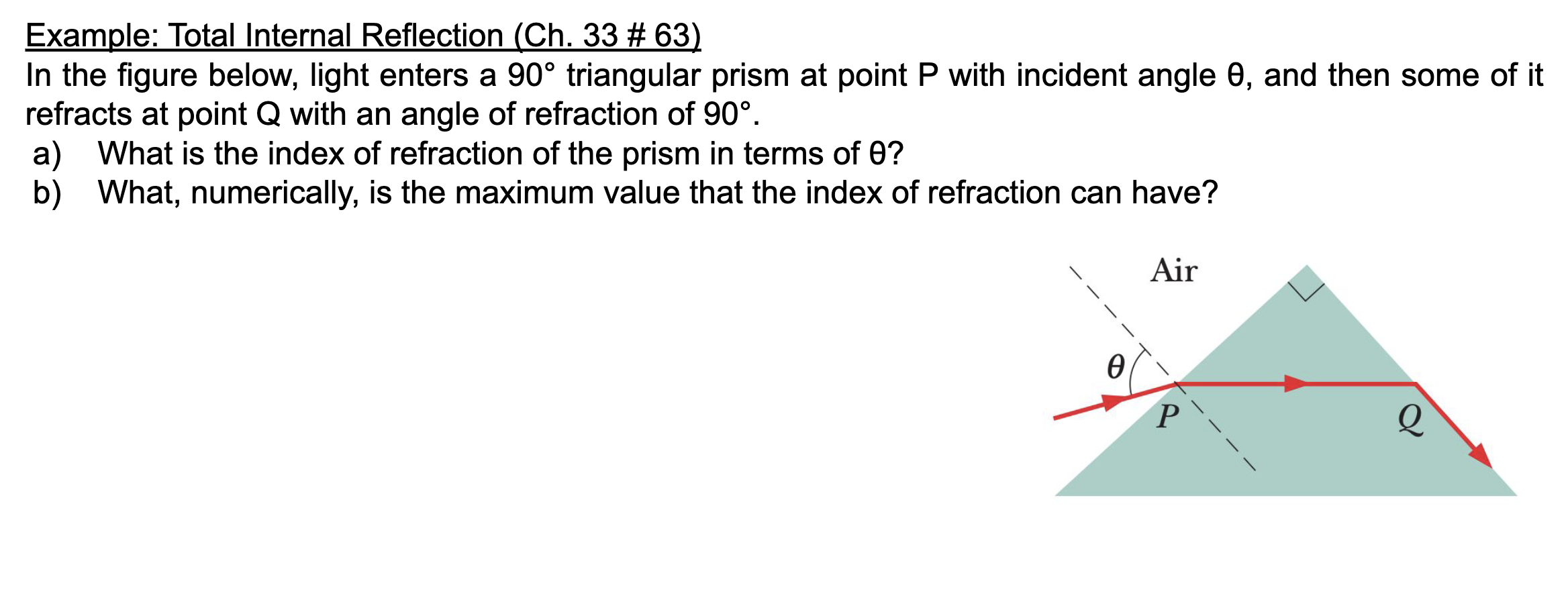 Example Total Internal Reflection Ch 33 63 In The Figure Below Light Enters A 90 Triangular Prism At Point P Wit 1