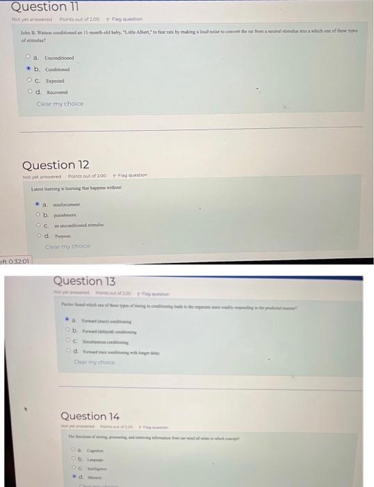Question 11 Points Out Of 200 Flag Question John 11 Watson Conditioned An 11 Month Old Baby Little Albert To Fear R 1
