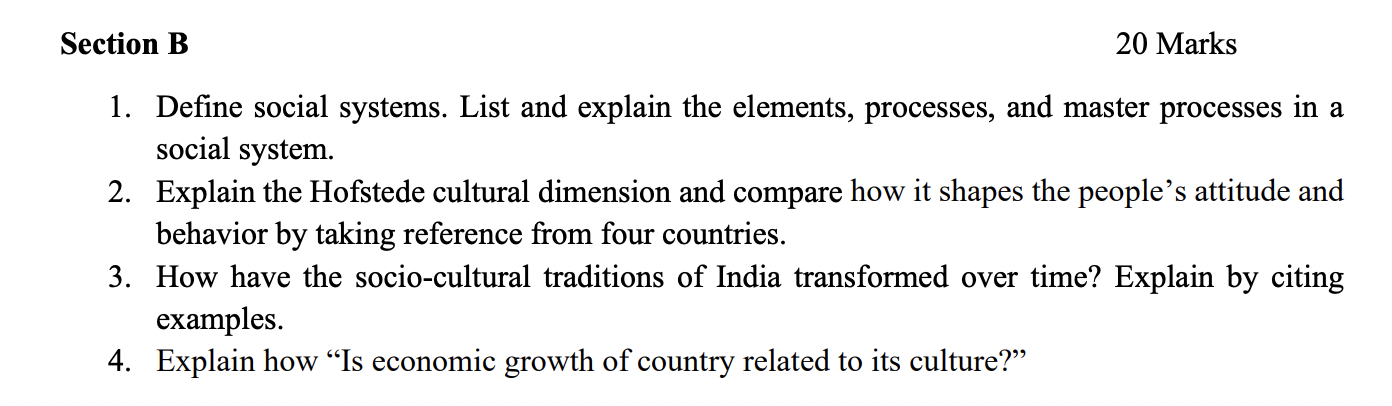 Section B 20 Marks 1 Define Social Systems List And Explain The Elements Processes And Master Processes In A Social 1