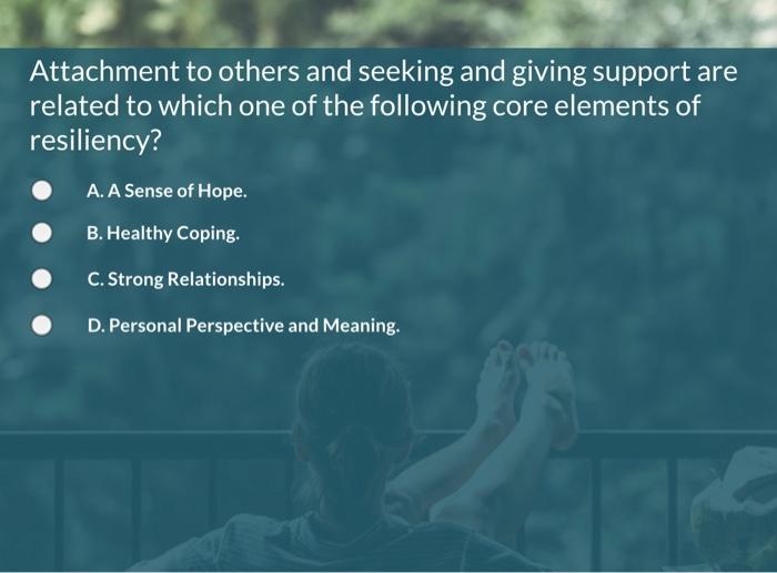Attachment To Others And Seeking And Giving Support Are Related To Which One Of The Following Core Elements Of Resilienc 1