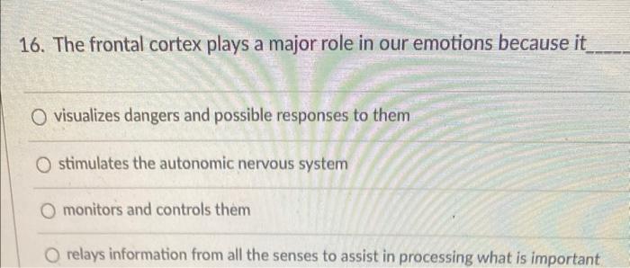 16 The Frontal Cortex Plays A Major Role In Our Emotions Because It O Visualizes Dangers And Possible Responses To Them 1