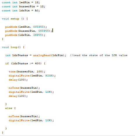 Const Int Ledpin 13 Const Int Busserpin 12 Const Int Ldrpin A0 Void Setup Pinmode Ledpin Output Pinmode 1